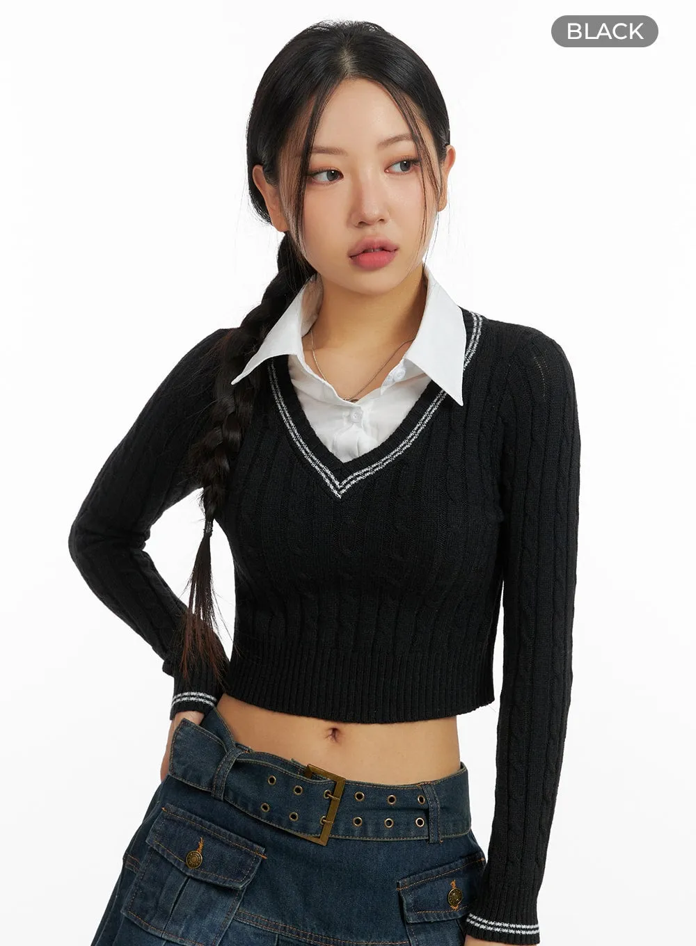 Cable Knit Collar Crop Sweater CF426