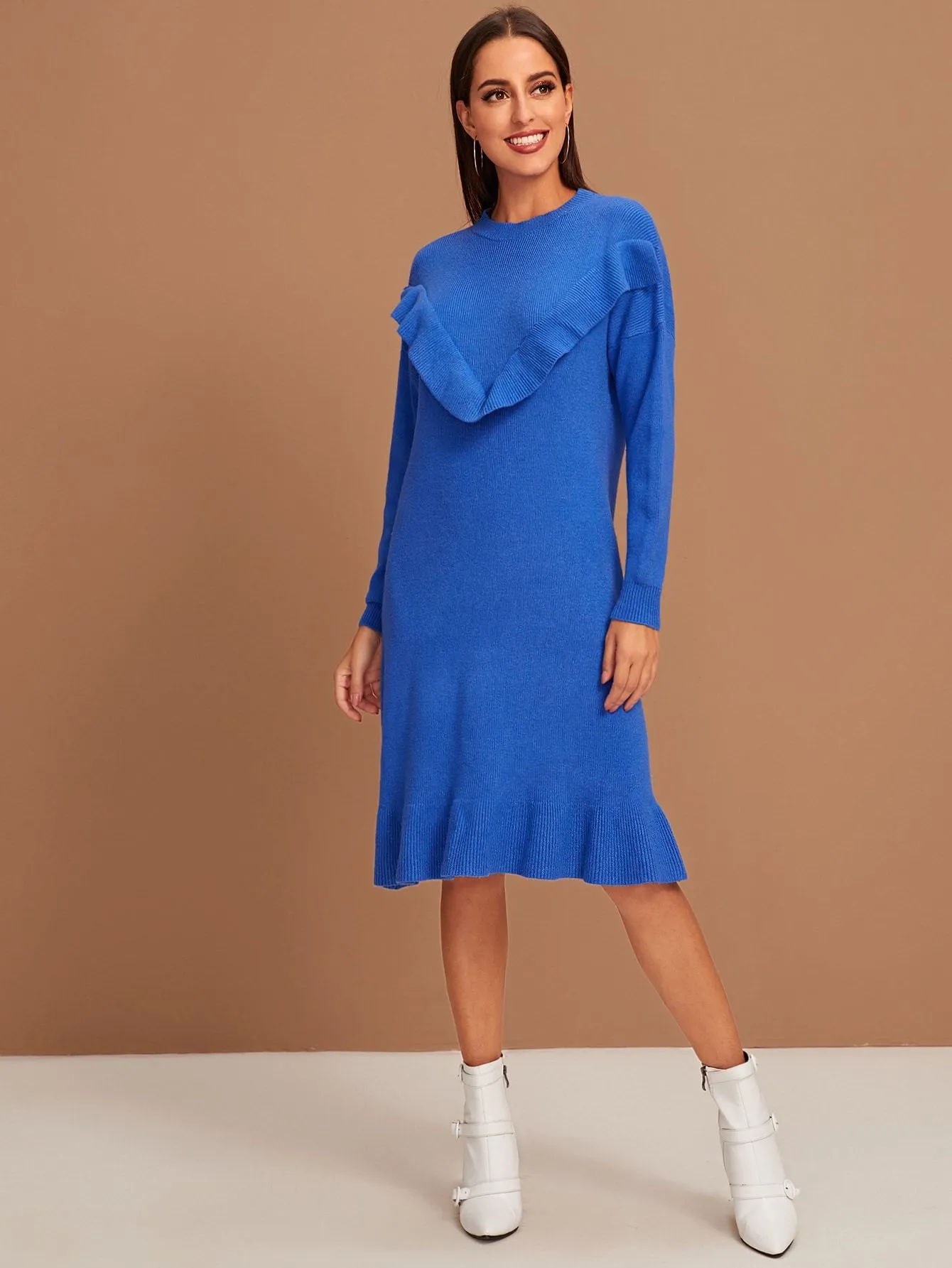 Drop Shoulder Ruffle Hem Jumper Dress