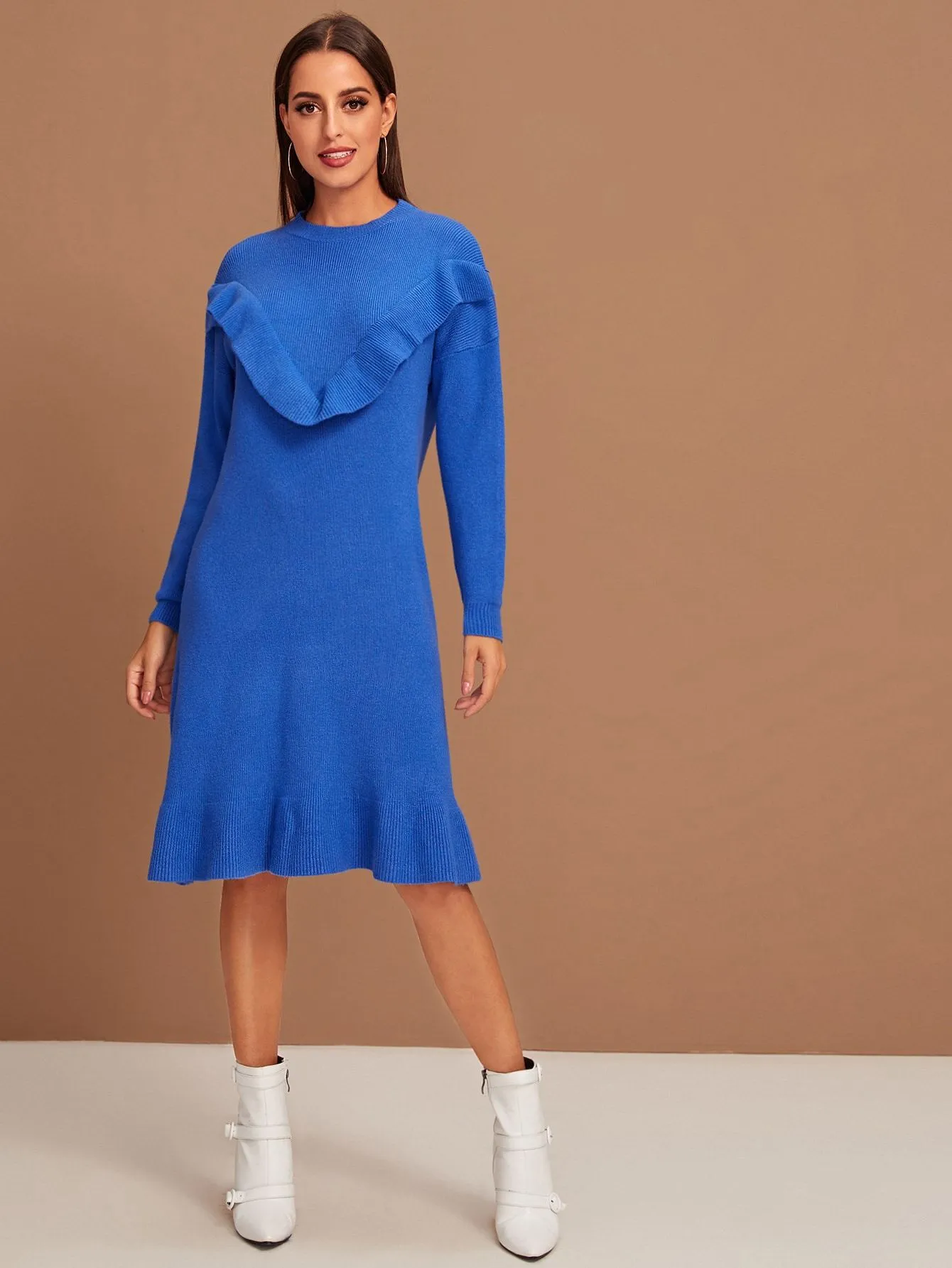 Drop Shoulder Ruffle Hem Jumper Dress